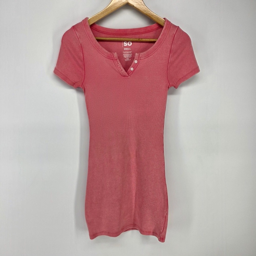 SO Henley Mini Dress Womn Small Pink Ribbed Short Sleeve Bodycon Y2K Boho Preppy
